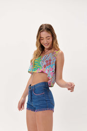 DESIRE DENIM Womens Girl Girls Women's Tropical Apparel Clothing Summer Clothes Fashion Bahia Babe Crop Top Blue Orange Pink Jungle Animal Print