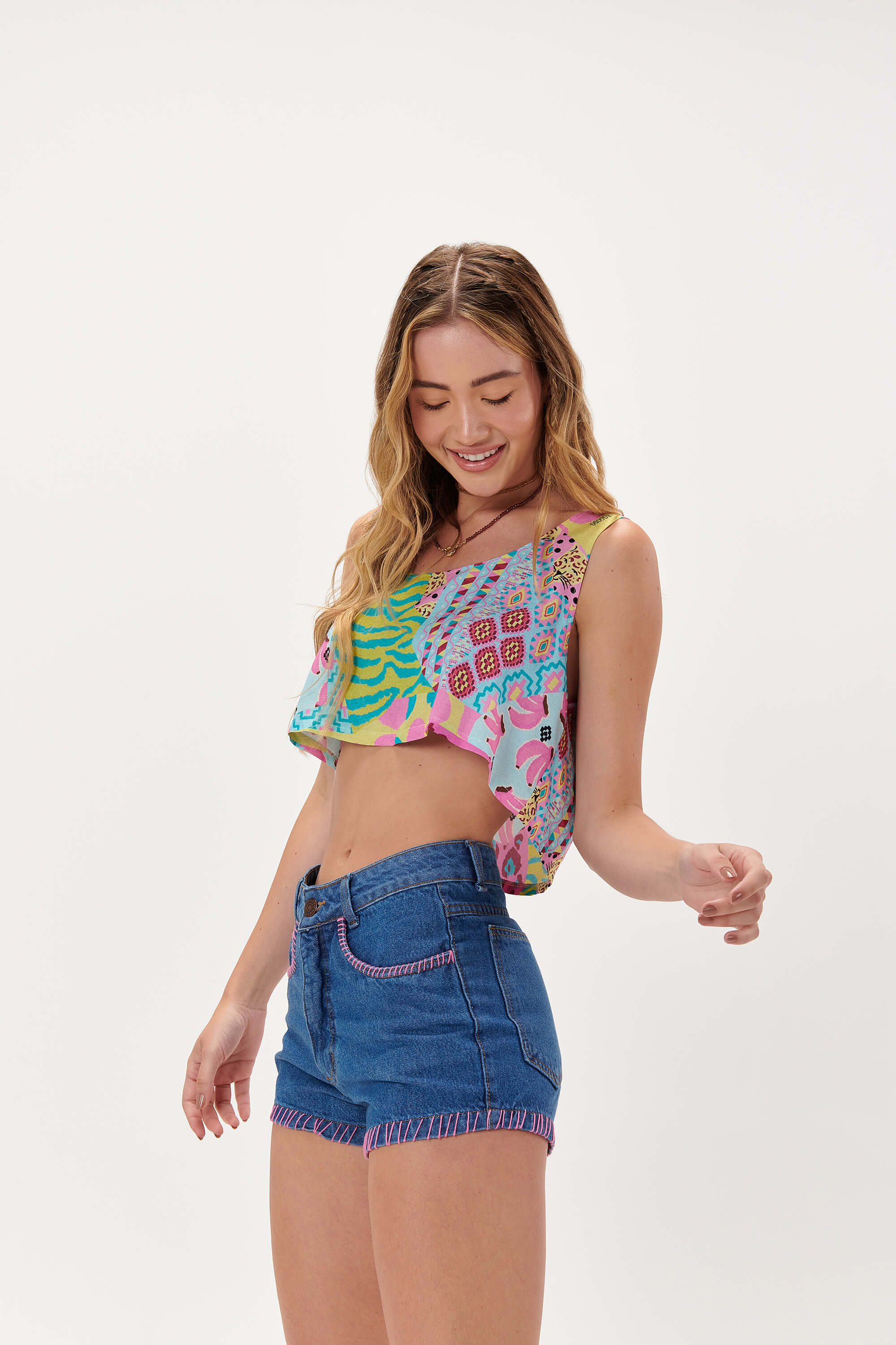 DESIRE DENIM Womens Girl Girls Women's Tropical Apparel Clothing Summer Clothes Fashion Bahia Babe Crop Top Blue Orange Pink Jungle Animal Print